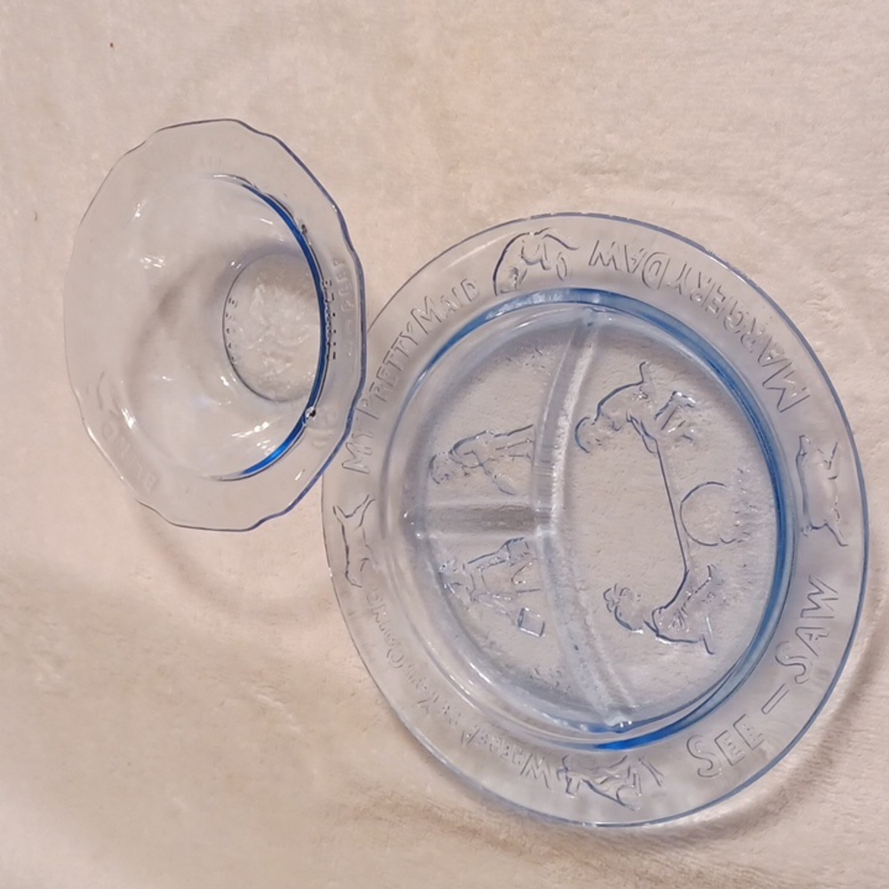 Mother Goose divided plate & Bowl by Indiana glass for Margory Daw